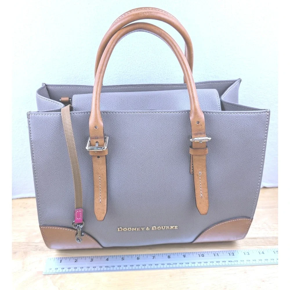 Dooney & Bourke Grey Pebble Grain Leather Satchel Bag Colorful Chevron Lining